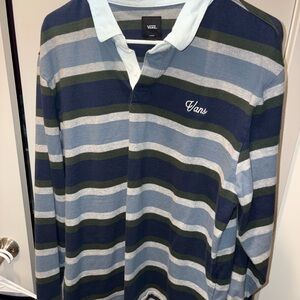 Vans Men's Polo Shirt - Navy, Green, and Gray Stripes